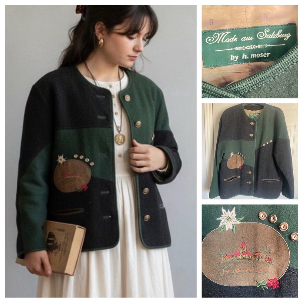 Loden Look Green Wool Folklore Jacket L Alpine Cottagecore Grandmacore